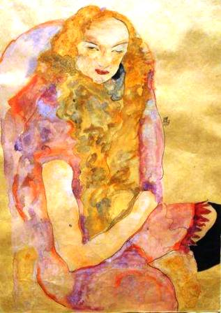 Femme assise aux cheveux longs, en robe rose et jaune